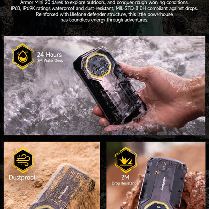 Ulefone Armor Mini 20 4G õues kasutatav nutitelefon, peopesasuurune, Helio G99 16GB+256GB, 6200mAh aku, juhtmevaba laadimine, 64MP+50MP öönägemiskaamera, 4.7" HD+90Hz, IP68 veekindel, Android 14, NFC