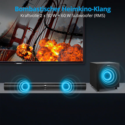 MEDION P64150 2-ühes teisendatav Bluetooth-teleri heliriba juhtmevaba subwooferiga (2.1 heliriba, 2 x 30 vatti, 60-vatine subwoofer, seinale kinnitatav, HDMI ARC CEC-ga, AUX, optiline sisend)