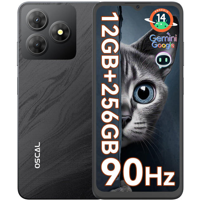 OSCAL Flat 2 Gemini AI Smartphone ohne Vertrag | Android 14, 12GB+256GB, 2TB TF | 90Hz 6.56'' HD+, Octa-Core, 5000mAh, Dual SIM | 13MP+8MP AI Kamera Handy Günstig Neu | OTG, GPS, Face-ID, Fingerprint