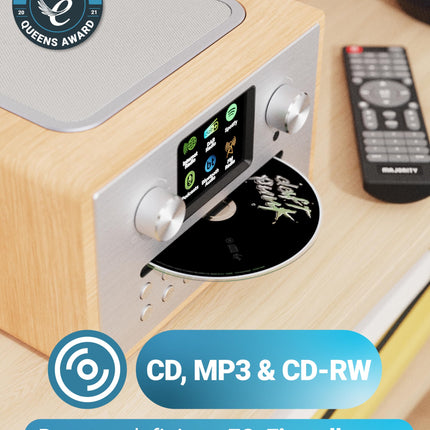 Internetiraadio CD-mängija ja DAB Plus-iga | Köögiraadio Bluetoothi ​​ja FM-raadioga | Digitaalraadio WiFi koos Spotify Connecti ja taskuhäälingutega | EQ, värviline ekraan, pult kaasas | MAJORITY Homerton (tamm)