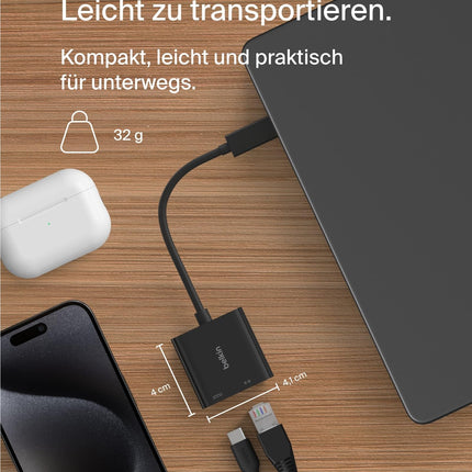 Belkini USB-C/Etherneti ja laadimisadapter (100W) gigabiti Etherneti ja USB-C pordiga – 10/100/1000 Mbps kiireks internetiühenduseks – ühildub iPhone 16, Samsung Galaxy S24 ja teistega.