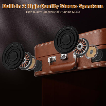Record player case with speaker &amp; Bluetooth 5.4 | 3 speeds (33/45/78 rpm) • Portable record player • Vinyl-to-MP3 converter • Retro design brown