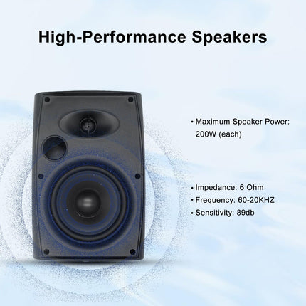 Herdio 16.5cm 800W outdoor speaker, waterproof, wall-mounted sound system with multifunctional amplifier, powerful bass and stereo sound, for patio, porch.