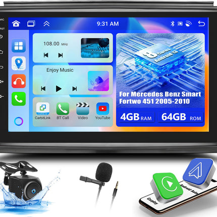 OiLiehu 4+64G 8-tuumaline Android 13 topelt-DIN raadio Mercedes Benz Smart Fortwo 451 2005-2010 CarPlay Android Auto autoraadio 9-tollise ekraaniga, Bluetooth GPS FM RDS WiFi DSP/EQ+tagurduskaamera