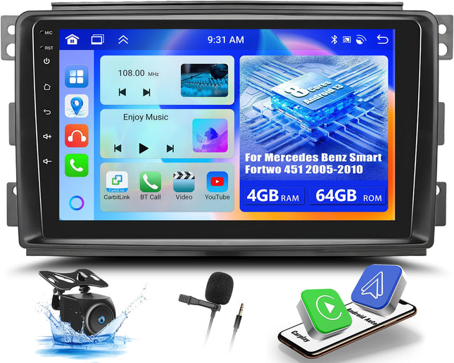 OiLiehu 4+64G 8-tuumaline Android 13 topelt-DIN raadio Mercedes Benz Smart Fortwo 451 2005-2010 CarPlay Android Auto autoraadio 9-tollise ekraaniga, Bluetooth GPS FM RDS WiFi DSP/EQ+tagurduskaamera