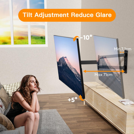 WHYFONE teleri seinakinnitus, pöörlev kronstein 32–75-tollistele lame- ja kumeratele teleritele, 180° pööratav seinakinnitus 710 mm pikkuse varrega, kallutatav nurgatelerihoidik kuni 45 kg, VESA 600x400 mm