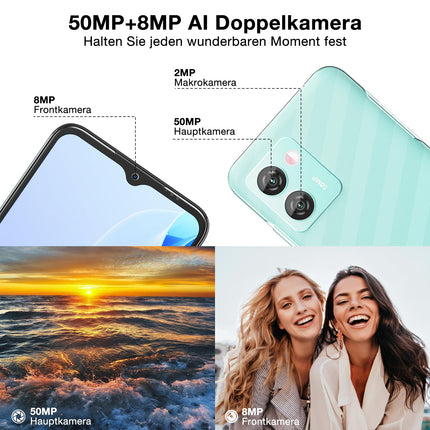 DOOGEE N50 Pro mobiiltelefon, 20GB+256GB/TF 1TB nutitelefon, 6.52" HD+ Android 13 nutitelefon ilma lepinguta, Octa Core, 50MP+8MP, 4200mAh, sõrmejälje-/näotuvastus, GPS/OTG/4G kahe SIM-kaardiga, lukustamata, roheline
