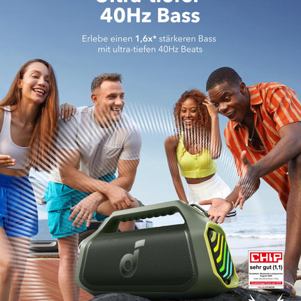 Soundcore Boom 2 Plus Outdoor Speaker, 140W, 2+2 Channel, BassUp 2.0, 20h, Fast Charging, IPX7 Waterproof, RGB Lights, USB-C, Power Bank, BT 5.3, Portable Bluetooth Speaker, Camping