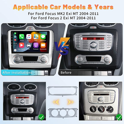 2+64G Android 13 autoraadio Carplay/Android Auto toega Ford Focus Mk2 2004-2011, 9-tollise ekraaniga autoraadio kahe DIN-iga, Bluetooth, navigatsioon, WiFi, Hi-Fi, FM/RDS, tahavaatekaamera, CANBUS