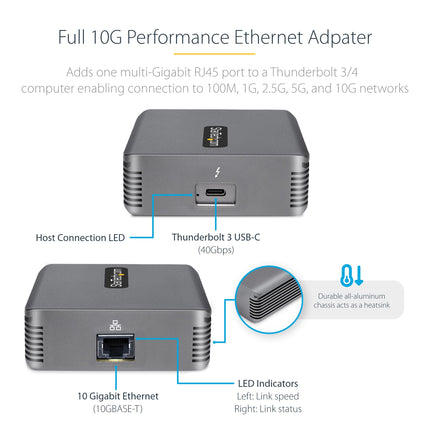 StarTech.com Thunderbolt 3 Network Adapter, 10GbE, Thunderbolt 3 to Multi-Gigabit LAN/Ethernet Adapter, 10GBASE-T/5-2.5GBASE-T NIC, Thunderbolt 3/4 LAN Adapter, TB3/4 Cable, Win/Mac (TB310G2)