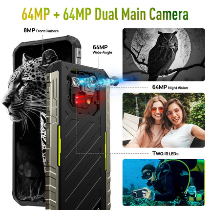 Ulefone Armor 22 (16GB+128GB) Outdoor Mobile Phone Without Contract, Android 14 6.58" FHD+ 120Hz 64MP+64MP Night Vision 6600mAh 33W 4G Dual SIM 5G WIFI/OTG/NFC/GPS/IP69K Construction Site Phone (Green)