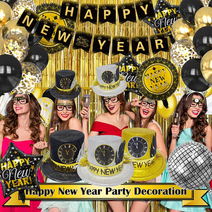 Black Gold New Year's Eve Decoration, New Year's Eve Decoration 2025 XXL Decoration Set, Foil Balloon New Year's Eve Decoration, Happy New Year Cone Hats for 2025 New Year Party Decorations