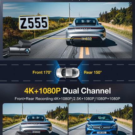 GKU 4K autoregistraator esi- ja tagakaameraga, 5 GHz WiFi GPS, kahekordne autoregistraator, 1,5” IPS miniautokaamera 64 GB SD-kaardiga, parkimismonitor, öönägemine, WDR, 170° lainurk, G-andur, rakenduse juhtimine, max 256 GB