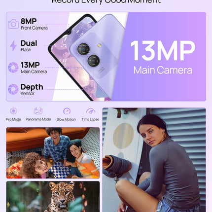 Ulefone Note 21 nutitelefon, 8GB+128GB/SD-1TB Android 14 mobiiltelefon, 90Hz 6.65" HD+ Octa Core kahe SIM-kaardiga 4G telefon Unisoc T606, 5000mAh mobiiltelefon, 13MP+8MP kaamera/GPS/OTG/Face ID/Sõrmejäljelugeja lilla