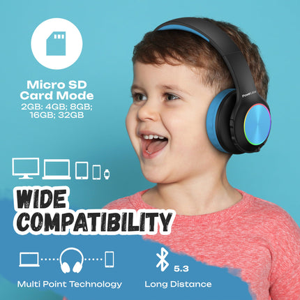 Laste Bluetooth-kõrvaklapid, PowerLocus laste juhtmevabad kõrvaklapid LED-tuledega, helitugevuse piirang 74/85/94dB, kokkupandav peakomplekt, HD-stereo, Micro SD, sisseehitatud mikrofon kooli/sülearvuti/mobiiltelefoni/teleri jaoks