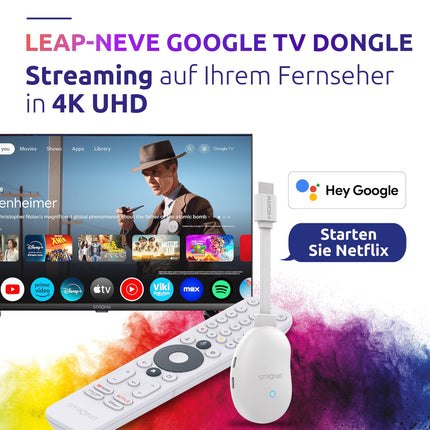 STRONG Leap-Neve 4K UHD Google TV voogedastuspulk Etherneti pordiga, 2 GB muutmälu + 16 GB mälu, WiFi 6, Android 12, integreeritud Chromecast, Google Assistant, Dolby Atmos ja Dolby Vision