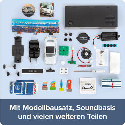 FRANZIS 67168 - Fiat 500 Advent Calendar, metal model kit in 1:38 scale, including sound module and 52-page accompanying book