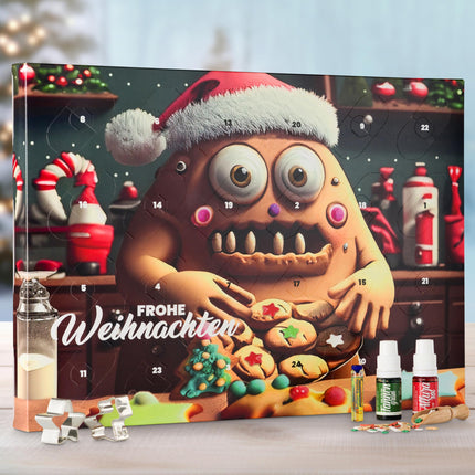 Kaffeehaus Diamant Monster küpsiste küpsetamise advendikalender 2024, 140g, 24 uksega, mis on täis küpsetusaineid ja küpsetustarvikuid koos vaniljesuhkru, toiduvärvi, suhkrupuru, sidrunimaitse ja küpsisevormidega.