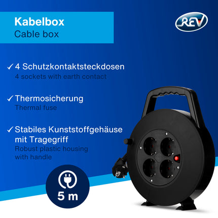 REV kaablirull, 4-suunaline kaablikarp, 5m, ülekuumenemiskaitse, must