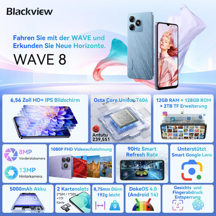 Blackview Wave 8 Android 14 nutitelefon, 12 GB + 128 GB / 2 TB TF-kaart, 90 Hz 6,56", 5000 mAh, odav nutitelefon ilma lepinguta, kaheksatuumaline, 13 MP + 8 MP, kahekordne SIM-kaart/sõrmejäljelugeja/GPS/OTG/mobiiltelefoni ümbris/karastatud klaas