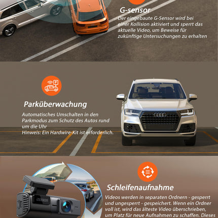 iZEEKER 2.5K WiFi autokaamera, mini autokaamera 1440P esikaamera rakenduste toega, 32 GB kaart, öine nägemine, WDR, G-andur, silmussalvestus, 24H parkimisrežiim