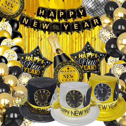 Black Gold New Year's Eve Decoration, New Year's Eve Decoration 2025 XXL Decoration Set, Foil Balloon New Year's Eve Decoration, Happy New Year Cone Hats for 2025 New Year Party Decorations