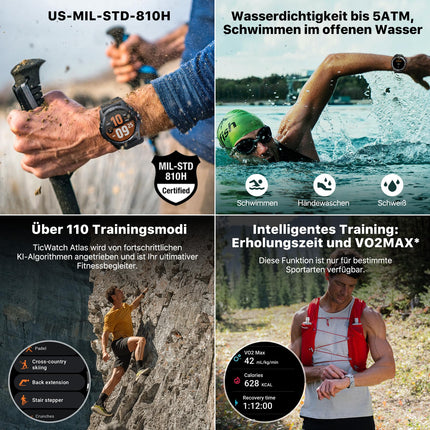 Ticwatch Atlas nutikell meestele Android Wear OS nutikell 90-tunnine aku 110+ treeningrežiimi Soojuskaart Kukkumistuvastus Tervise- ja fitness-jälgija 5 sularahaautomaati GPS-kompass Ainult Androidiga ühilduv (hall)