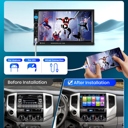 Podofo 2 Din Car Radio with Screen 7'' Mirror Link For IOS/Android Bluetooth Handsfree FM Radio USB Steering Wheel Control 7 Color Button AUX-IN with 12LED Rear View Camera