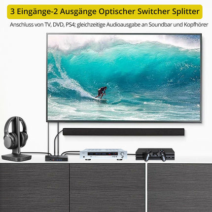 PROZOR digitaalne optiline audio lüliti jaotur, optiline lüliti jaotur, 3 sisendit, 2 väljundit, 1 m fiiberoptilise kaabliga, kaugjuhtimispult LPCM 2.0/DTS/Dolby-AC3