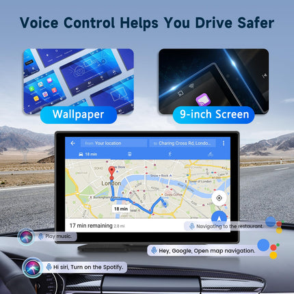 Hodozzy kaasaskantav autoraadio juhtmevaba Carplay Android Auto, 9-tolline HD IPS puuteekraan Airplay Mirrorlinkiga, Bluetooth käed-vabad kõned, Carplay jälgimine FM AUX TF kaardiga 7V-32V