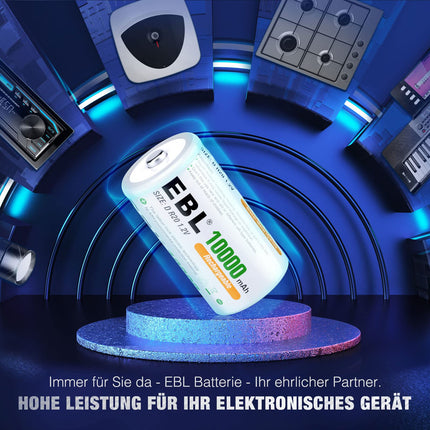 EBL D aku 10000mAh, laetav D-tüüpi NI-MH aku, 4 tk koos hoiukarbiga, mono-D aku