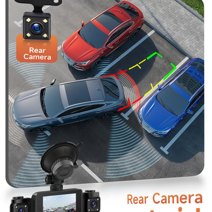 Auto videoregistraator 360°, 4 kaameraga FHD 1080P ees ja taga vasakul ja paremal, 2,4-tolline 1080P videoregistraator IR öönägemise/silmusvideo/24H parkimismonitori/G-anduri/parkimisabiga, 64 GB mälukaardiga