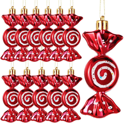 Threan 12 Christmas Tree Candy Christmas Tree Decorations Candy Glittering Hanging Christmas Candy Ornaments Candy Canes Decoration with Golden Ropes (Red)