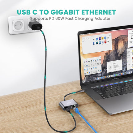 USB C to Ethernet Adapter, 1Gbps Gigabit 60W PD Charging Port, USB-C to RJ45 Ethernet LAN Network Adapter with MacBook Pro/Air, Laptop, Surface, Galaxy, Dell XPS, HP, Android, Windows
