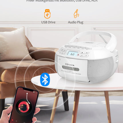 Greadio kaasaskantav CD-mängija, Boombox-kassettmängija Bluetoothiga, FM-raadio puldiga, AUX/USB taasesitus, kassettmakk, vahelduvvoolukaabel/patareitoide, LCD-ekraan lastele (valge)