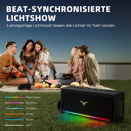 Portable Bluetooth speaker, music box with light, IPX7 waterproof Bluetooth box, 40W powerful stereo sound, active extra bass, dual pairing, 8-hour battery life for home, party, outdoors, beach