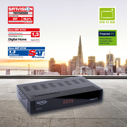 XORO DVB-C/T2 kombineeritud vastuvõtja HRT 8730 hübriid USB-meediapleieri, PVR-valmidusega, ajanihkega, integreeritud Irdeto juurdepääsusüsteemiga Freenet TV jaoks ja 6-kuulise krediidiga