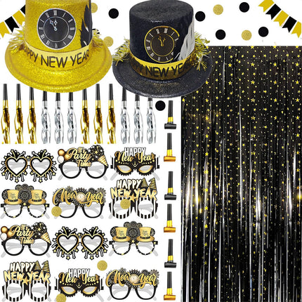 Bdecoll Glitter New Year's Eve Decoration 2025 Set, Happy New Year Glasses, 8pcs Black and Gold Party Hats New Year's Eve Decoration New Year's Eve Party Accessory for Christmas New Year Party Decoration