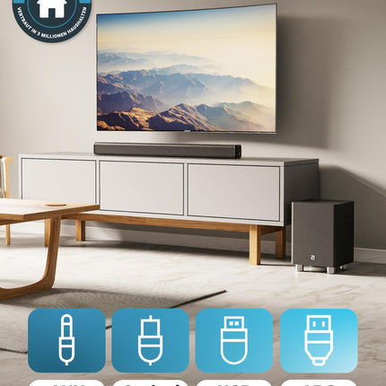 Majority K2 kõlaririba, võimas, juhtmevaba, 150W, ruumilise heliga, subwoofer, Bluetooth, HDMI Arc (CEC), suur kaugjuhtimispult, AUX, USB, FM-raadio, optiline sisend, RCA-kaabel (must)