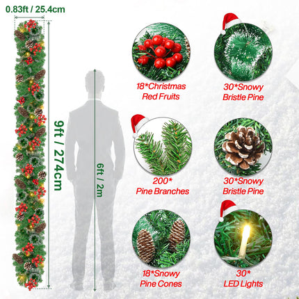 Christmas Garland with Lights - 2.7 M/9FT Garland Christmas Decoration with 30 LEDs, Artificial Christmas Wreath for Fireplace, Stairs, Door, Window, Indoor, Outdoor