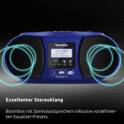 TechniSat DIGITRADIO 1990 - Stereo Boombox with DAB+/FM Radio and CD Player (Bluetooth Audio Streaming, Headphone Jack, USB, AUX In, Charging Function, Clock, 2 x 1.5 Watt Output Power) Blue