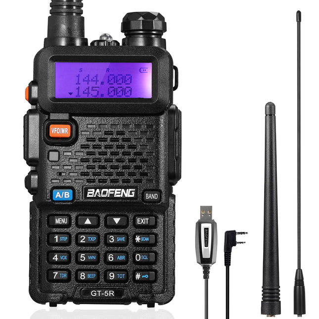 BAOFENG GT-5R raadiosaatja, kahe sagedusalaga kahesuunaline raadio UHF VHF 144-146/430-440MHz jaoks, 128 kanali mäluga, 1800 mAh akuga, programmeerimiskaabliga, täiskasvanute kõrvaklappidega, Chirp-toega