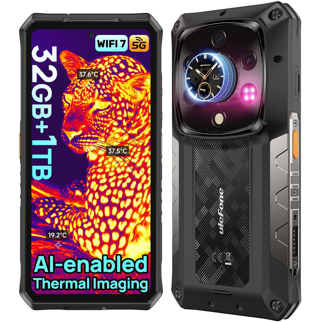 Ulefone Armor 28 Ultra 5G Outdoor Handy AI Smartphone mit Wärmebildkamera, 32GB+1TB, Dimensity 9300+ Baustellenhandy mit AMOLED Heckdisplay 6.67” FHD+, 10600mAh/120W, 50MP+64MP Nachtsicht, IP68/WiFi 7