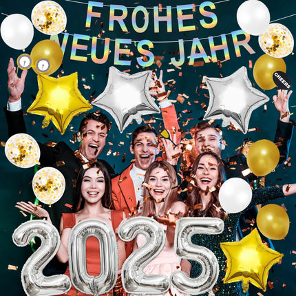 New Year's Eve Decoration 2025 XXL, 2025 New Year's Balloons Silver, Happy New Year Balloon Set, Silver Gold New Year's Decoration, New Year's Eve Party Set, New Year's Eve Confetti Photo Props New Year's Tinsel Curtain (White)