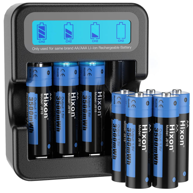 Hixon Lithium AA Battery, Rechargeable 1.5V AA Battery, 3500mWh and 1600 Long Cycles, 8 Pack 1.5V AA Batteries with Black Fast Charging LCD Display Charger