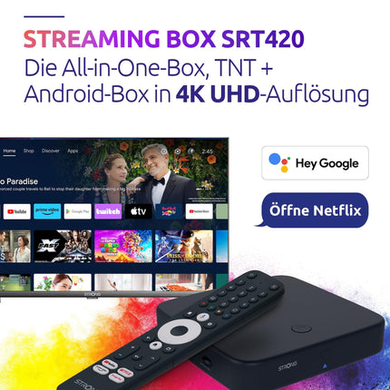 STRONG - Android TV voogedastusboks, DVB-T2, 4K UHD - SRT420 - sisseehitatud Chromecast - ühildub Google Voice Assistantiga - Dolby Audio ja Dolby Vision - Google Play, Netflix, Prime Video ja palju muud