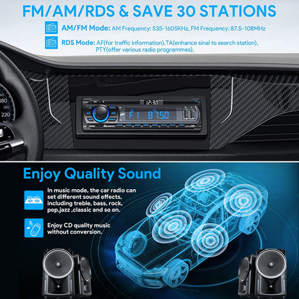 RDS Car Radio Bluetooth for 9-24V, FM/AM 1Din With Hands-Free System, 7 Colors, 2 USB/MP3 Player/AUX/SD/Independent Clock, 30 Stations Stored
