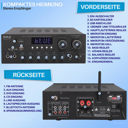 Pyle HiFi võimendi, HiFi stereo võimendi, minivõimendi, Bluetooth võimendi, võimendi, 300W HiFi vastuvõtja, stereovõimendi, Bluetooth võimendi - MP3, USB, SD, AUX, RCA, mikrofon, kõrvaklapid, FM