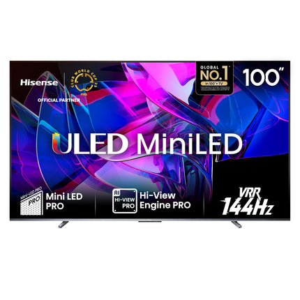 Hisense 100U7KQ (100-tolline) 4K Mini LED ULED HDR nutiteler, Quantum Dot, 144Hz, HDMI 2.1, Game Mode Pro, Dolby Vision IQ ja Atmos, Bluetooth, sisseehitatud Alexa, antratsiithall