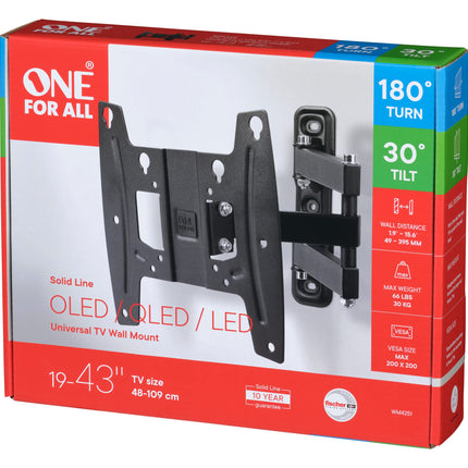 One For All teleri seinakinnitus - pööratav 180° / kallutatav / pikendatav telerikinnitus - kumerad 4K OLED QLED LED-lameekraaniga telerid - 19 kuni 42 tolli - VESA 75x75 kuni 200x200 - max. 30 kg - must
